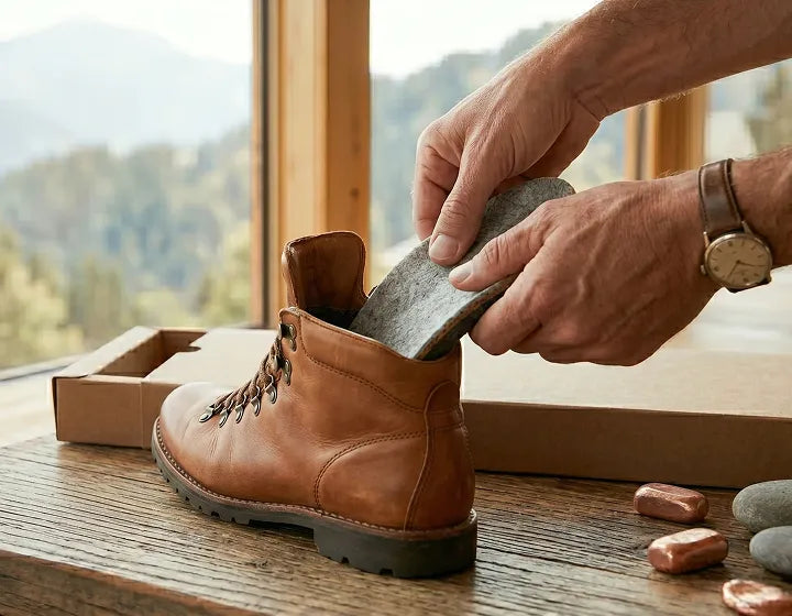 Person cleaning a brown leather boot with a stone on a wooden surface.