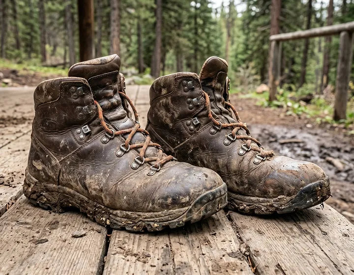 Pair of worn hiking boots on a wooden platform with a forest background