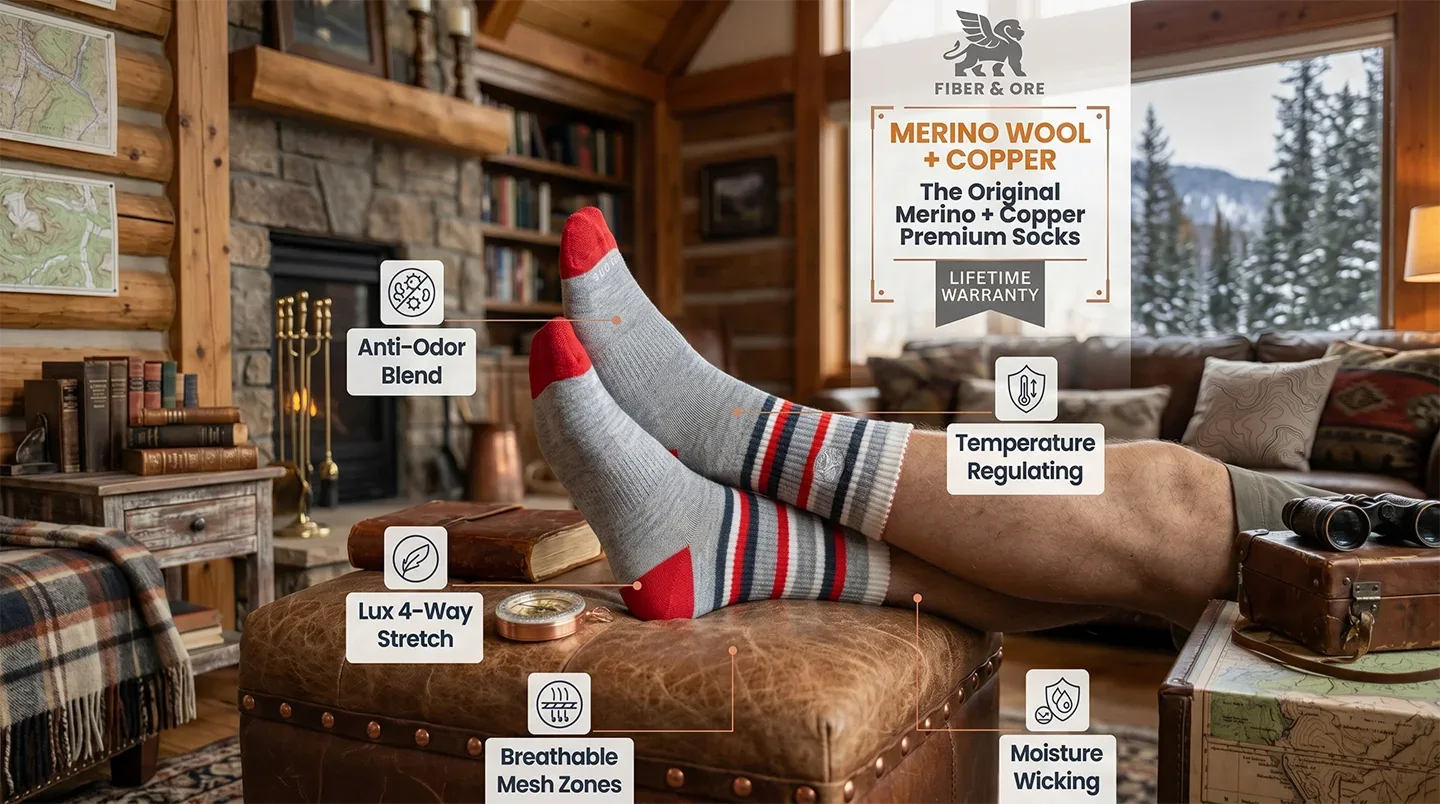 Person wearing striped socks in a cozy living room with product features highlighted.