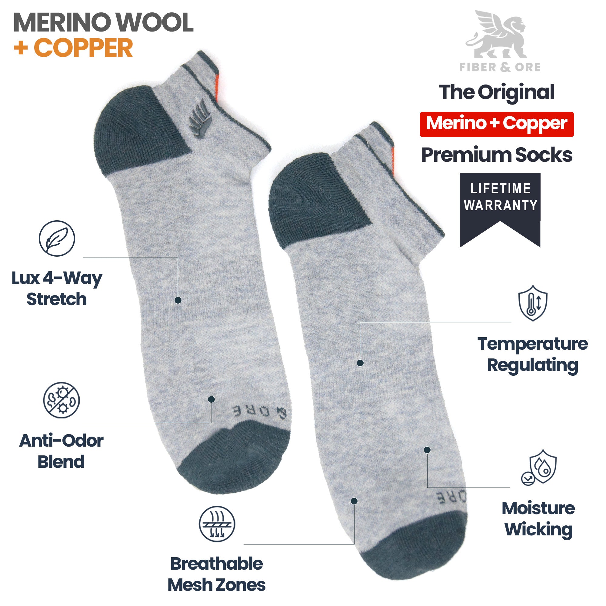 Grey Heron | Copper + Merino Wool Socks for Fresher Feet