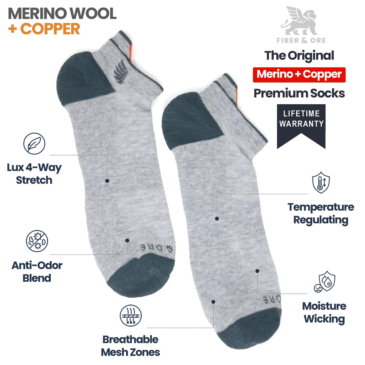 Grey Heron | Copper + Merino Wool Socks for Fresher Feet