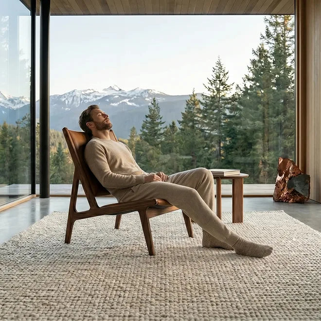 A man relaxes in fiber and ore socks