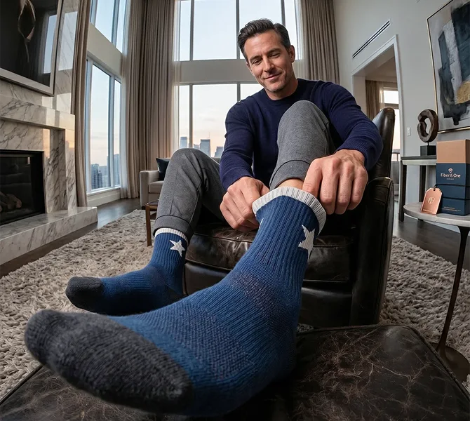 Man sitting in a living room wearing blue socks with a star design.